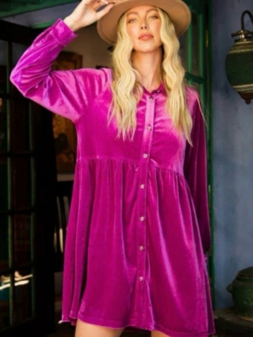 JODIFL Fushia Pink Velour Button Down Babydoll Dress M